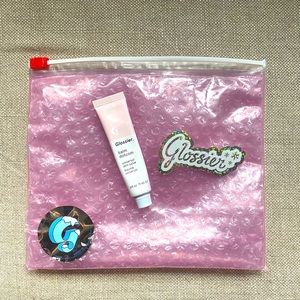 Glossier Lip Balm Dotcom + Stickers Pink Pouch Bag